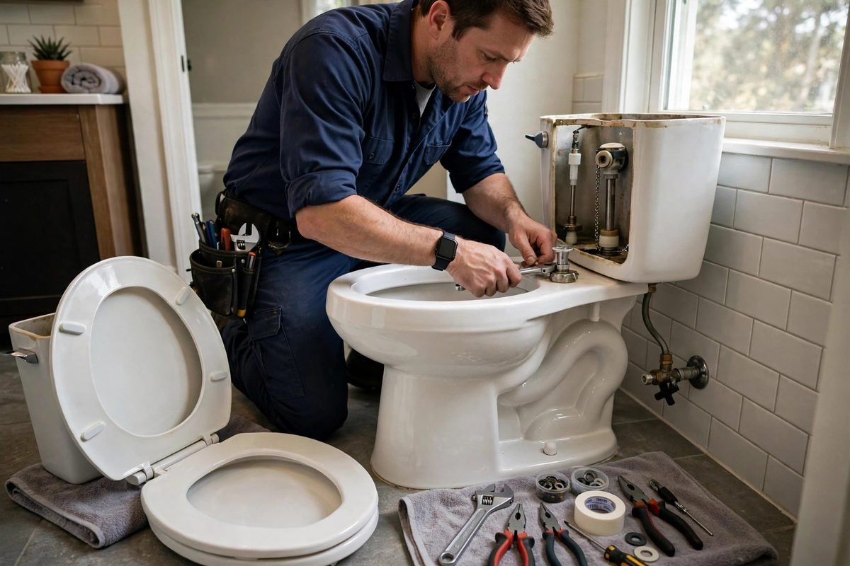 Plumber repairing toilet tank parts in a home bathroom
