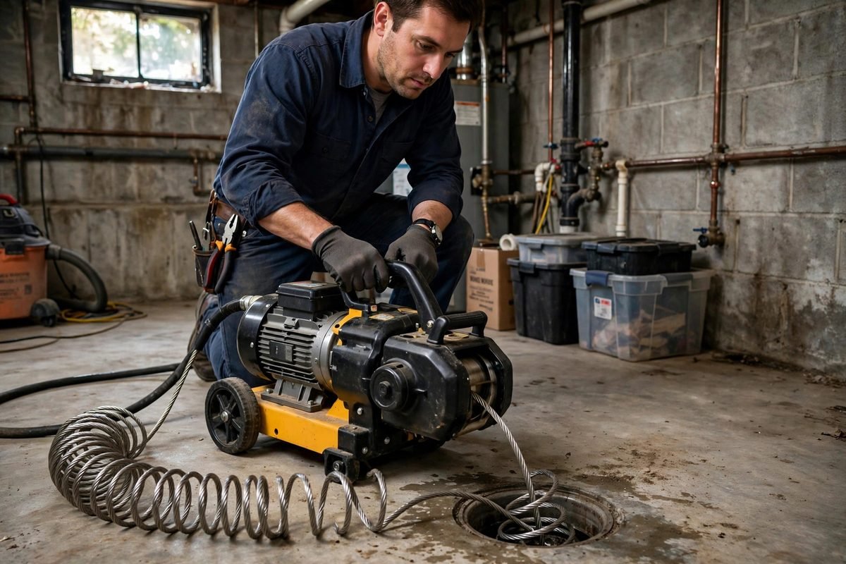Plumber operating a drain cleaning machine at a basement floor drain