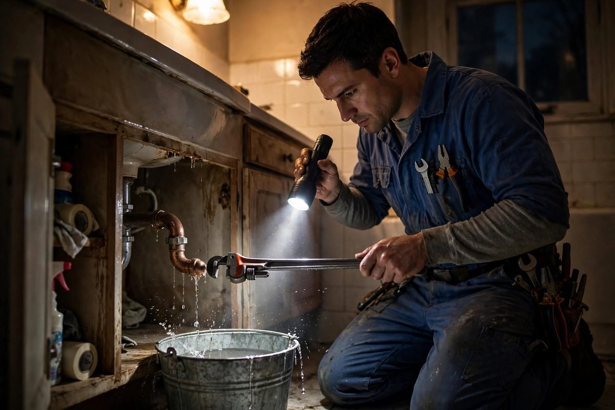 Plumber repairing a leaking pipe under a sink during an emergency call