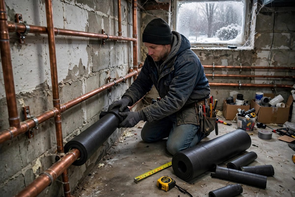 Plumber insulating copper water pipes along a basement wall