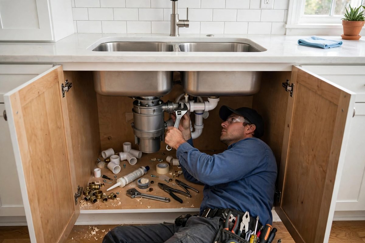 Plumber installing a garbage disposal under a kitchen sink