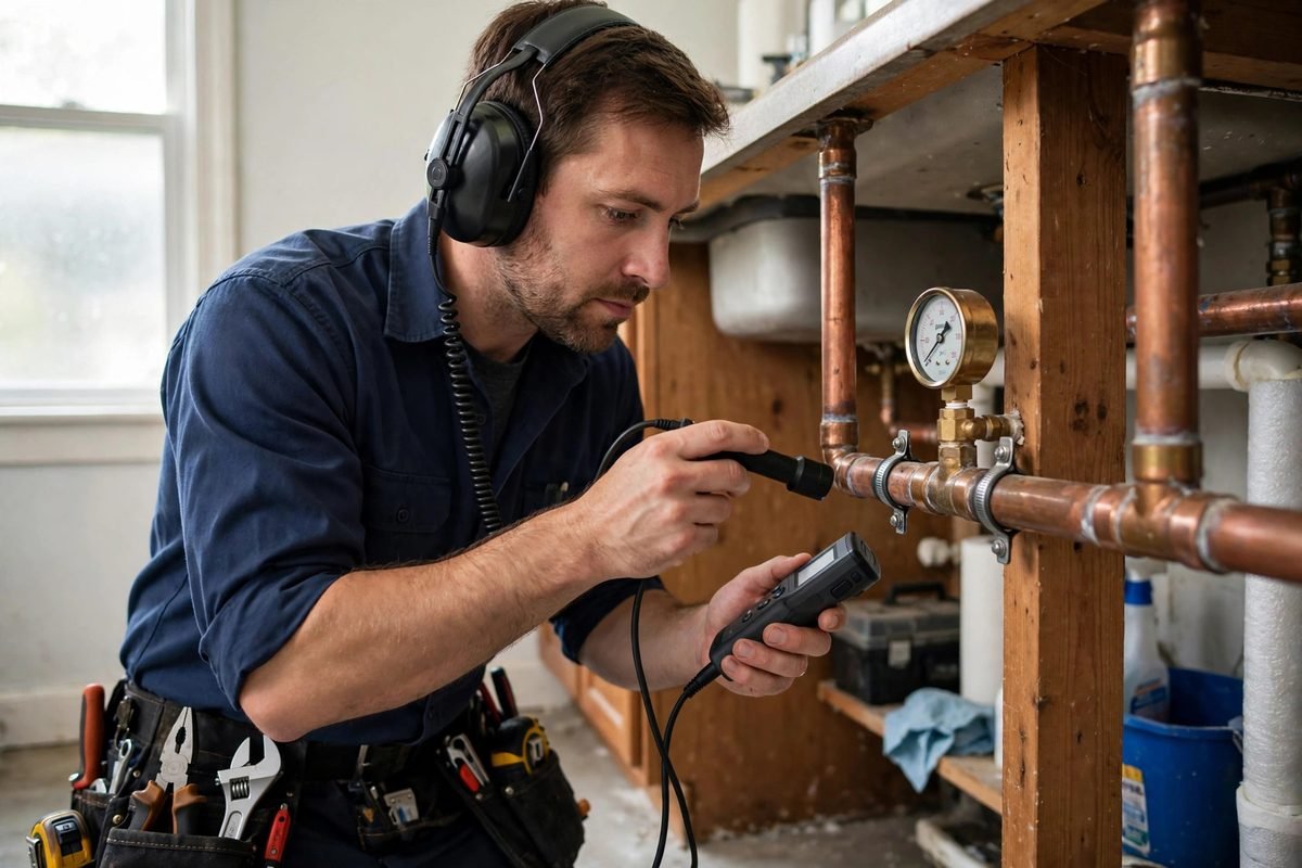 Plumber using acoustic leak detection equipment on a copper pipe