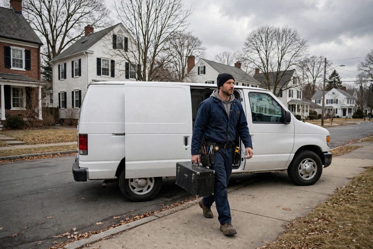 Nord Vex Plumbing plumber arriving at a Westchester home
