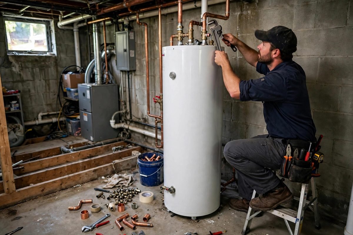 Plumber installing a new tank water heater in a basement utility room