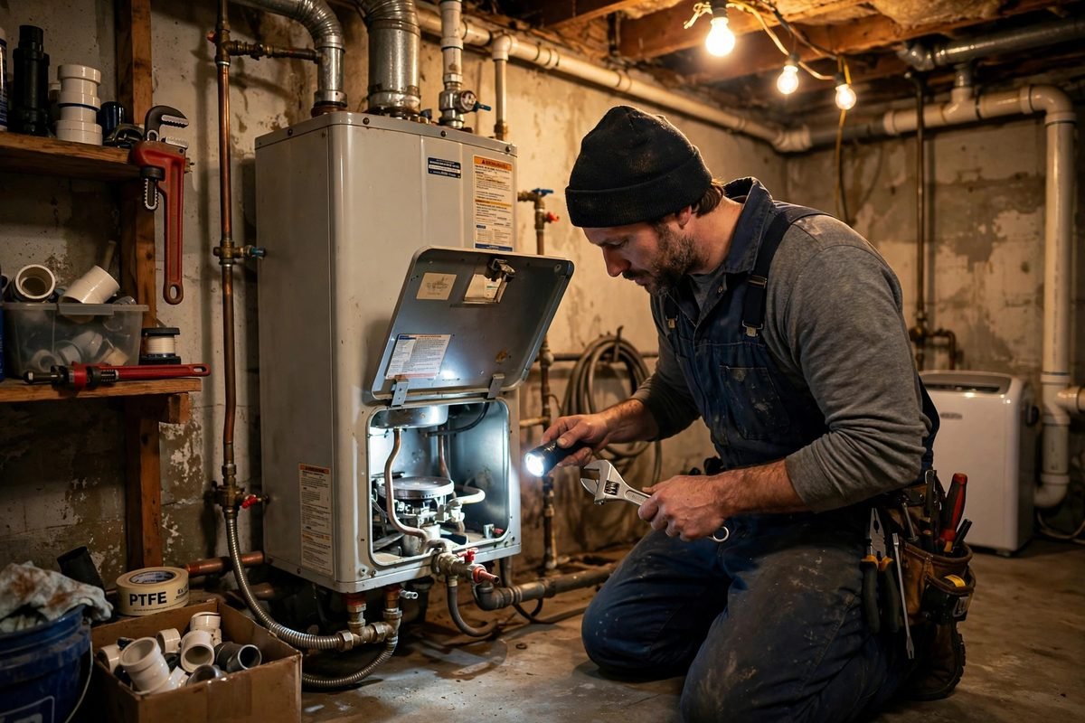 Plumber servicing a gas tank water heater in a basement